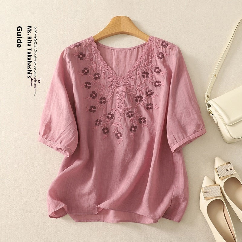 Embroidered Women's Elegant Lace V-neck Half Sleeves Pullover Shirt