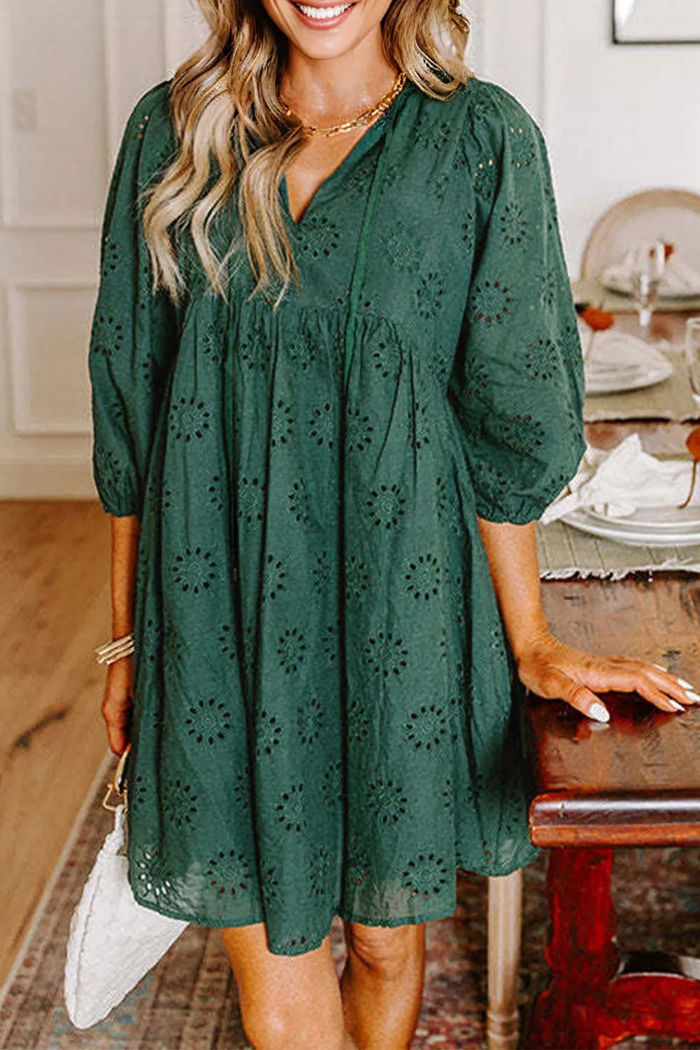Blackish Green Embroidered Eyelet Pattern Puffy Sleeve Swing Mini Dress