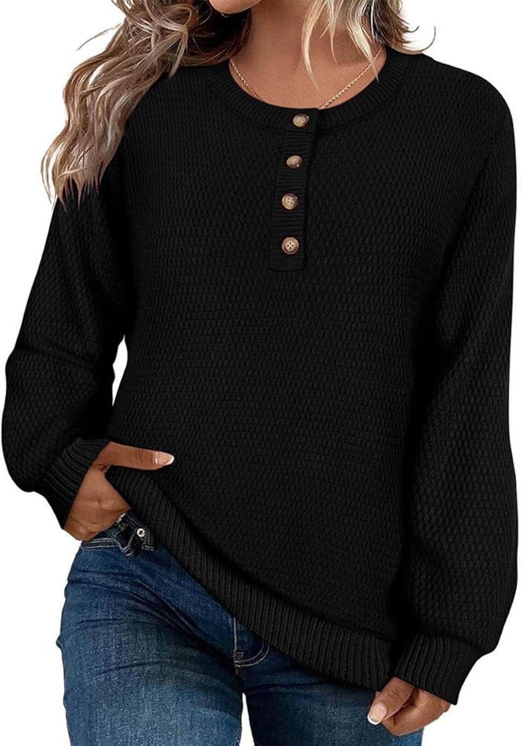 Solid Color Buttons Long Sleeve Round Neck Pullover Sweater Top