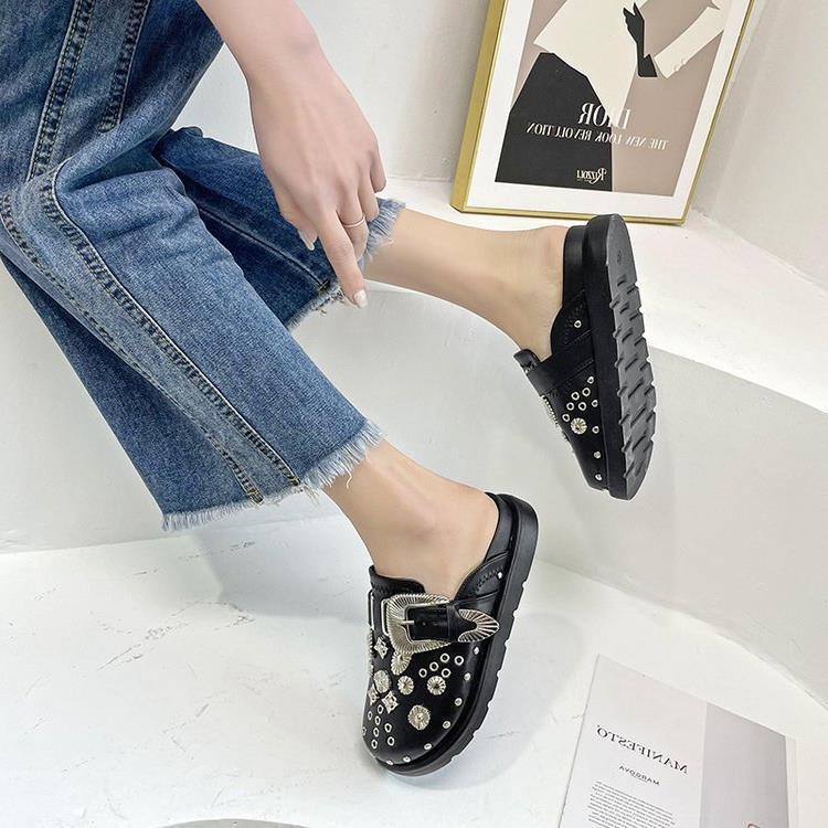 Toe Cap Semi Slipper New British Retro Platform Rivet Flat Shoes