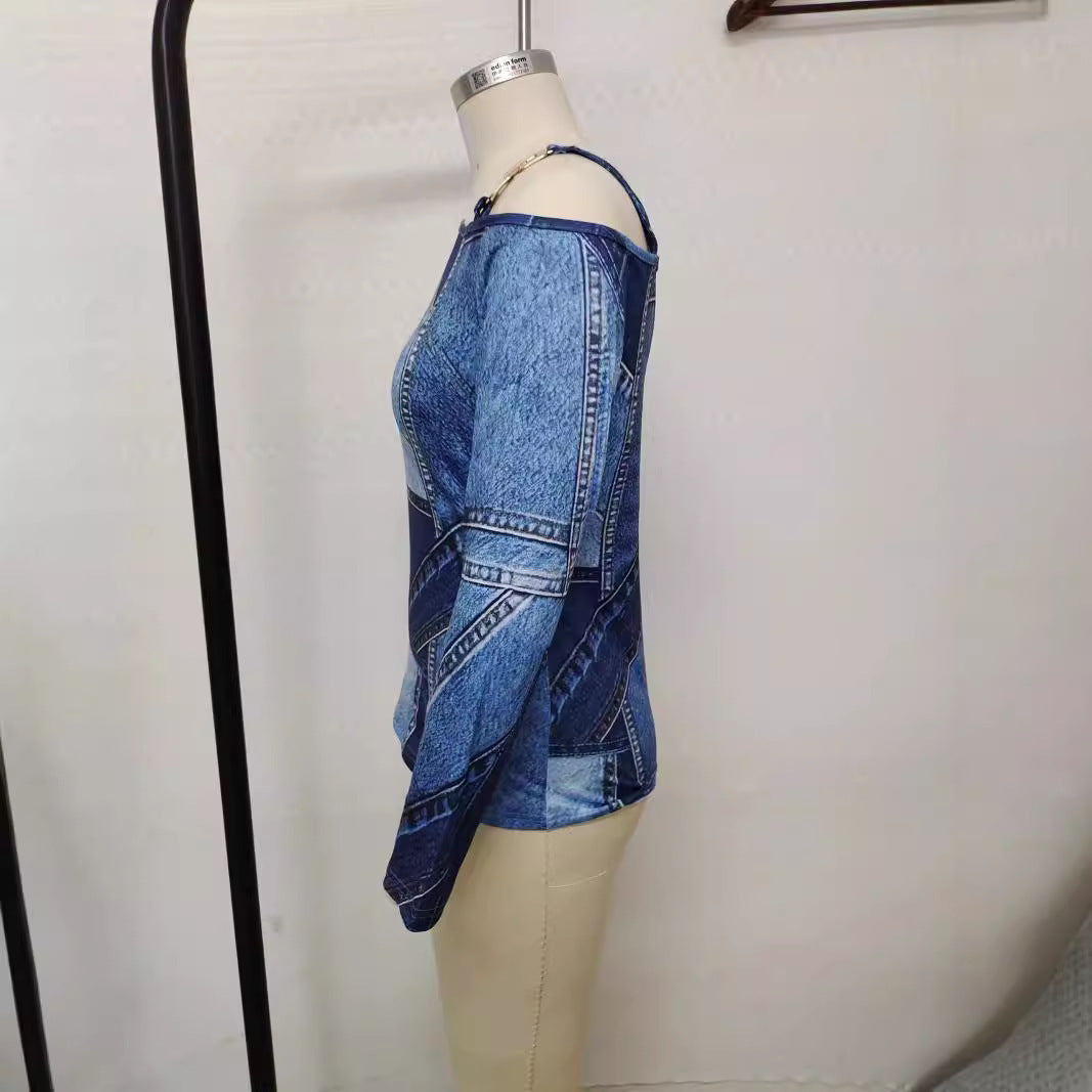 Fashion Casual Printing Strapless Sloping Shoulder Long Sleeve