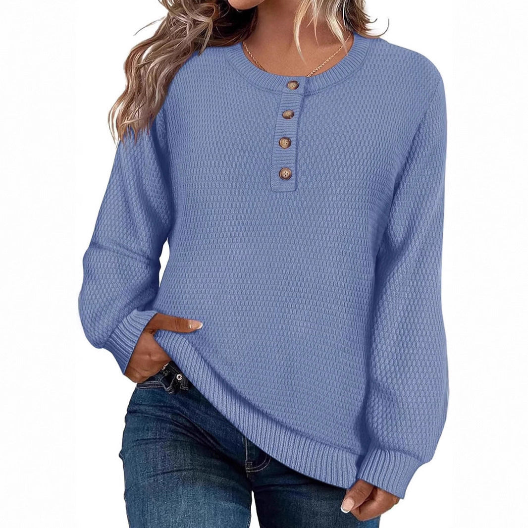 Solid Color Buttons Long Sleeve Round Neck Pullover Sweater Top