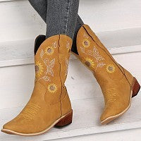 New Thick-heel Embroidery Sunflower 35-43 Mid-tube Women's Boots