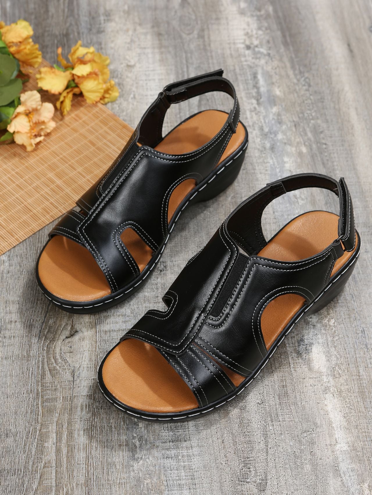 Women's Velcro Sewn Hollow Thick Heel Sandals