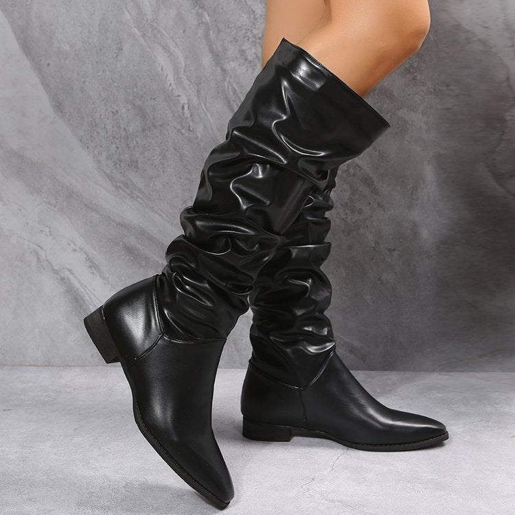 Pointed Low Heel Long Tube Fashion Folding Boots