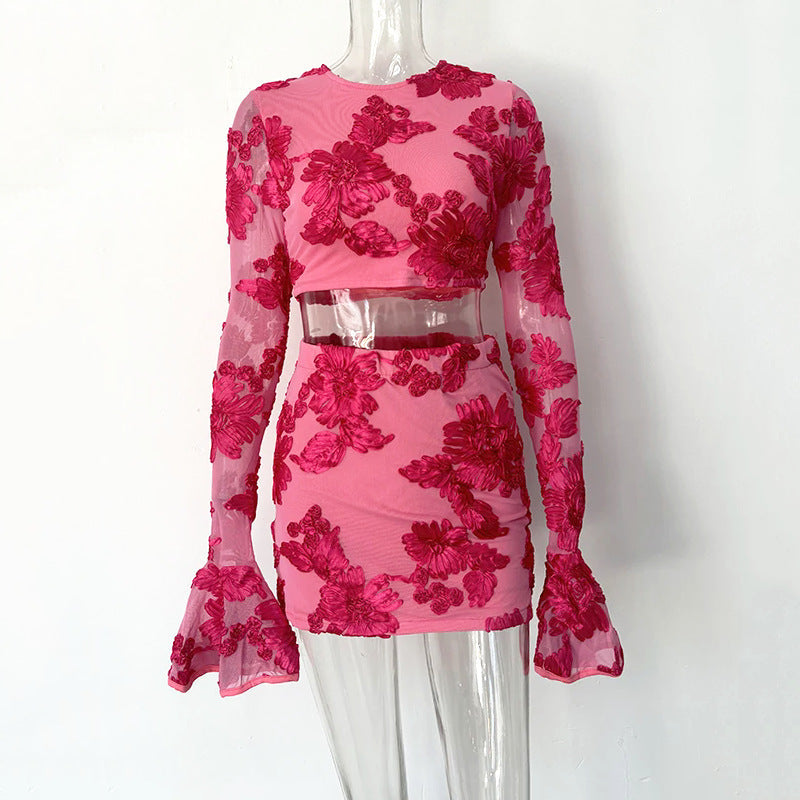 Ladies Embroidered Flower Backless T-shirt Skirt Suit Women