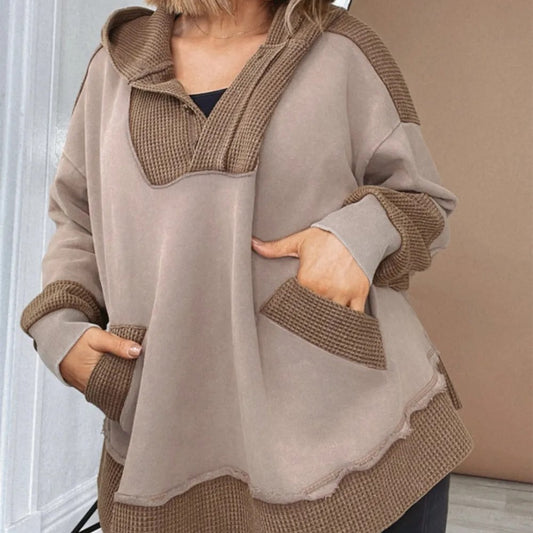 Goat Waffle Contrast Patchwork Plus Size Pocketed Hoodie