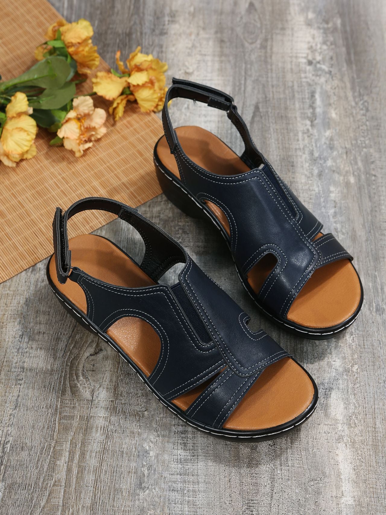 Women's Velcro Sewn Hollow Thick Heel Sandals