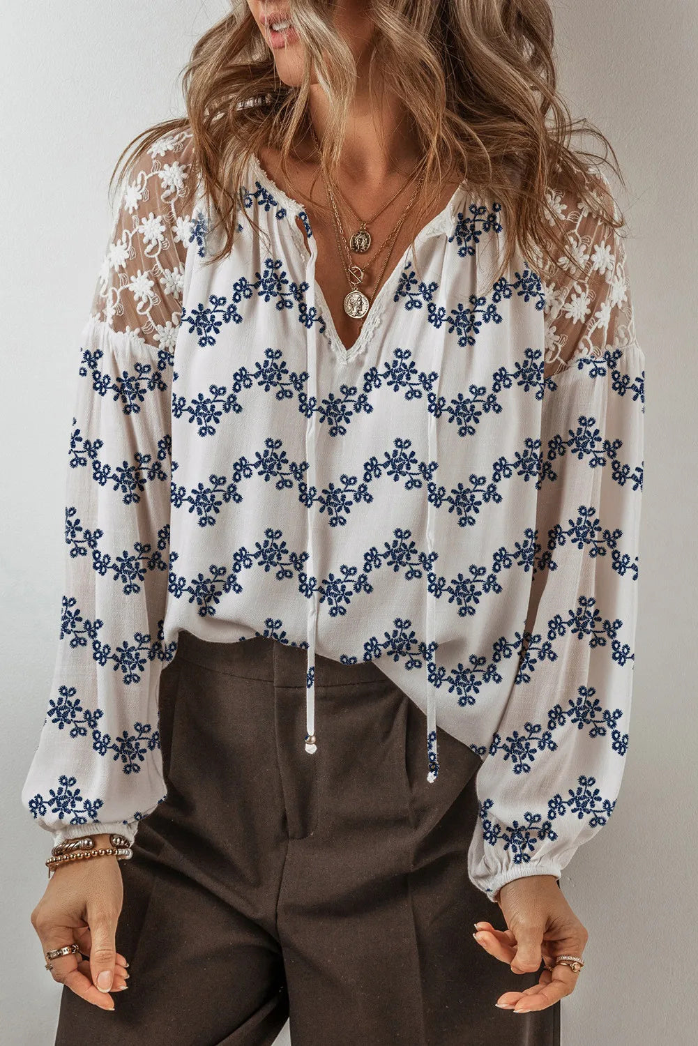 Blue Lace Patchwork Floral Bubble Sleeve V Split Neck Blouse