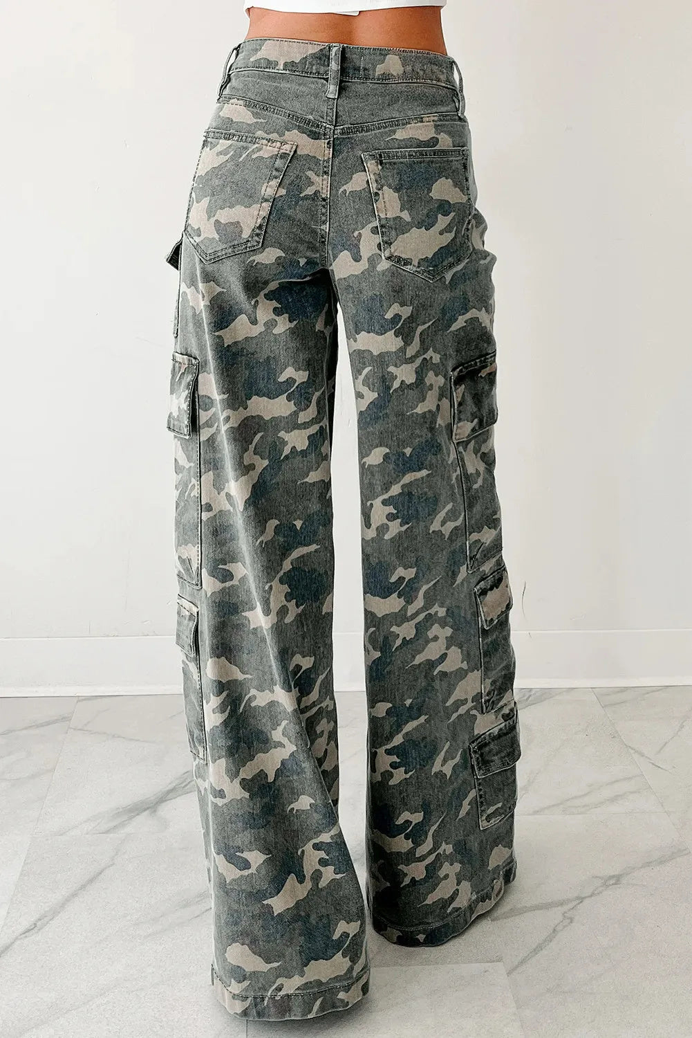 Green Camo Denim Cargo Wide Leg Pants