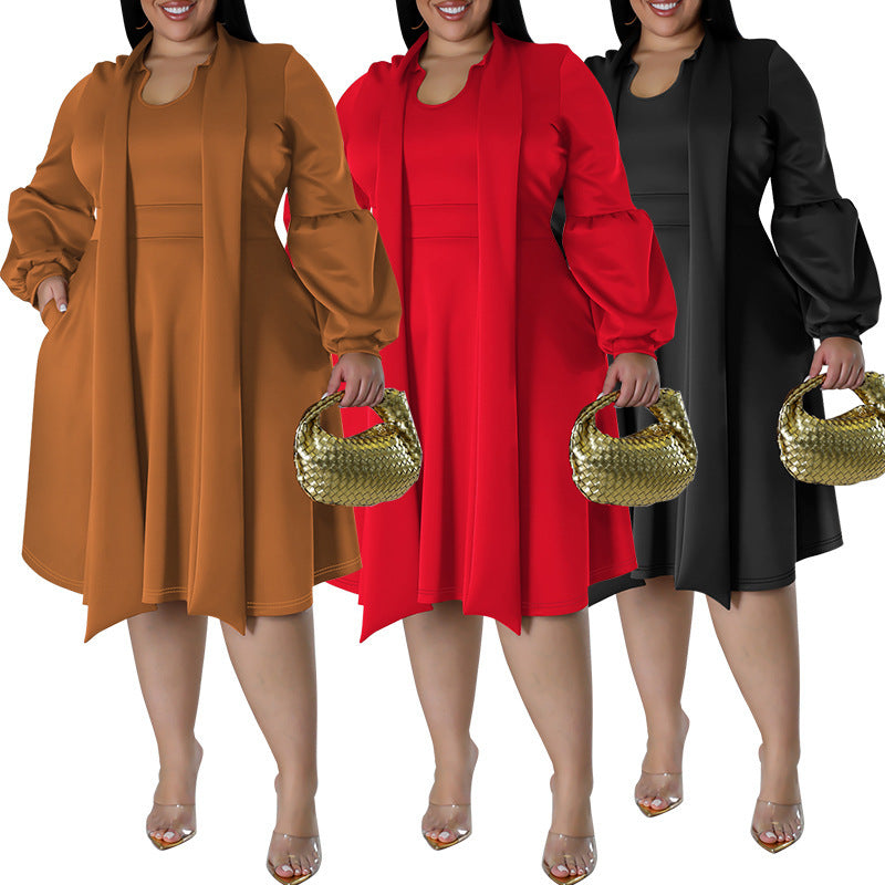 Long-sleeved Bubble Sleeve Midi Dress