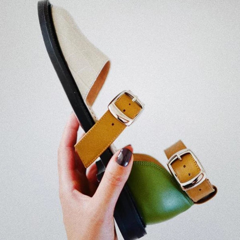 Closed Toe Flat Sandals Women's Shoes Round Toe Color-blocking Low Square Heel Buckle Round Toe Women's Large Size Fashion Shoes