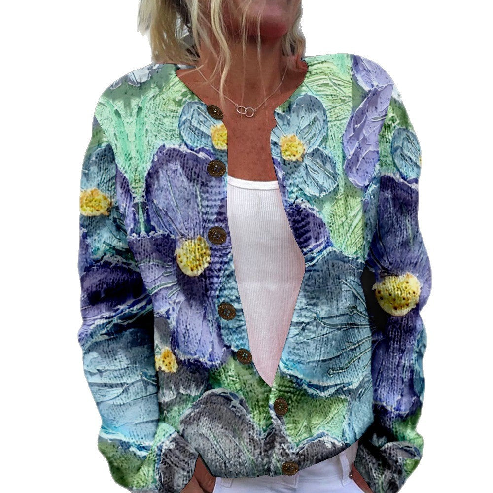 New Women's Autumn And Winter Style Loose 3D Printed Knitted Cardigan Sweater