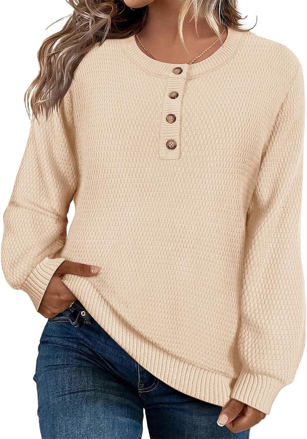 Solid Color Buttons Long Sleeve Round Neck Pullover Sweater Top