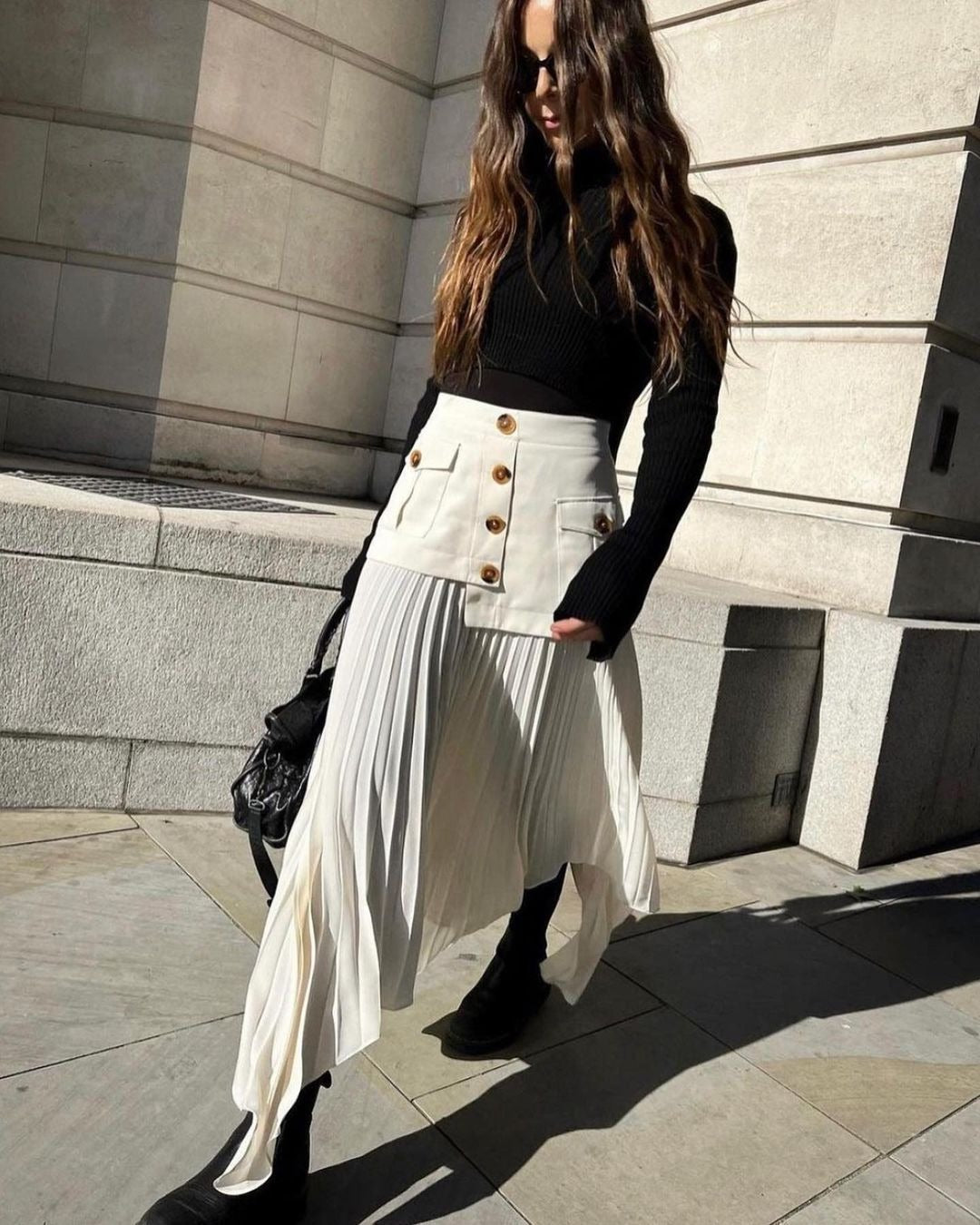 Irregular Chiffon Stitching Pleated Multi-button Pocket Skirt