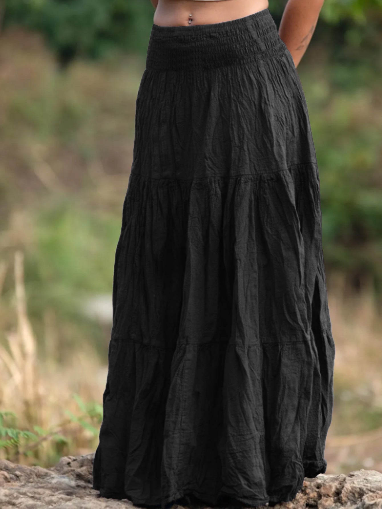 Women's Waist Smocking Mid-length Retro Daily Skirt