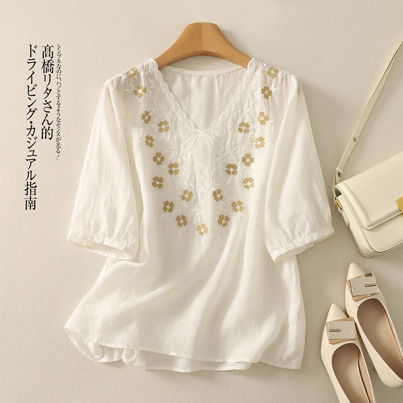 Embroidered Women's Elegant Lace V-neck Half Sleeves Pullover Shirt