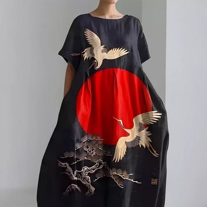 Women's Loose Round Neck Fashion Premium Short Sleeve Printed Dress