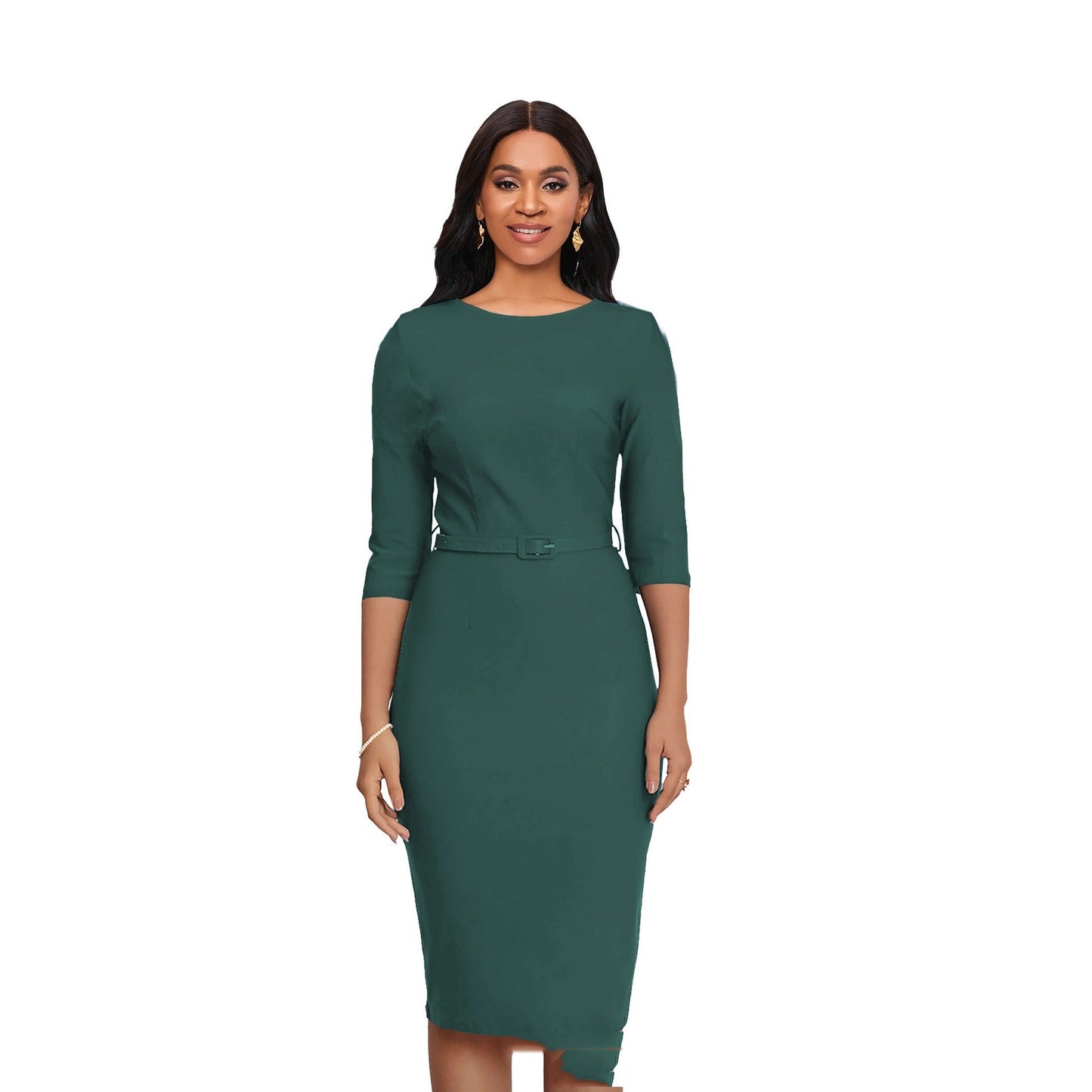 Round Neck Sheath And Fitted Waist Belt Slimming Dress