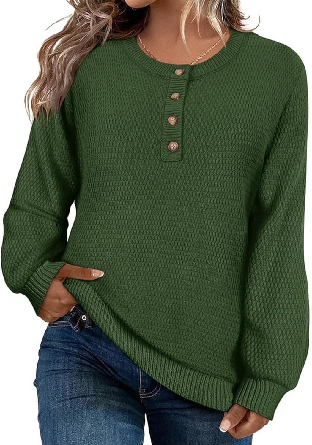Solid Color Buttons Long Sleeve Round Neck Pullover Sweater Top