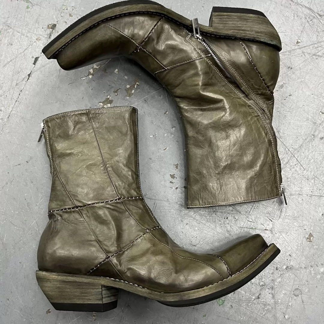 Men's Retro Dark Stitched Patchwork Square Toe Boots