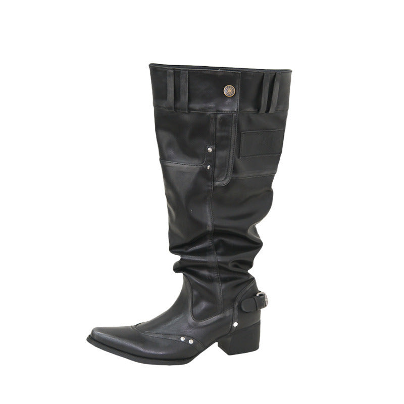 Pointed Toe Chunky Heel Slimming Pile Style Boots