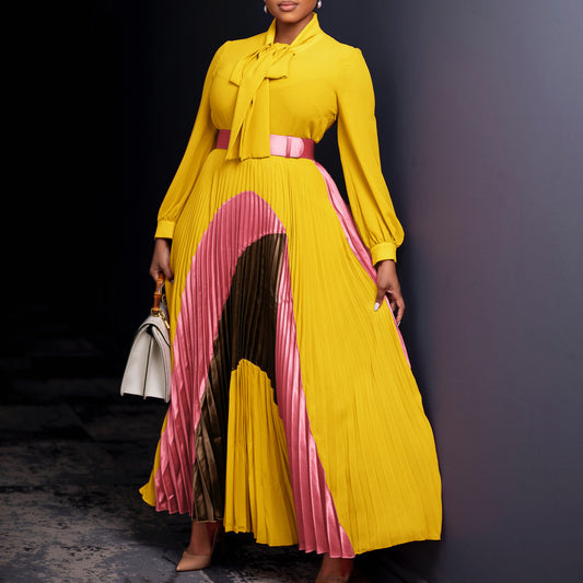 Long Sleeve Color Matching Elegant Dress
