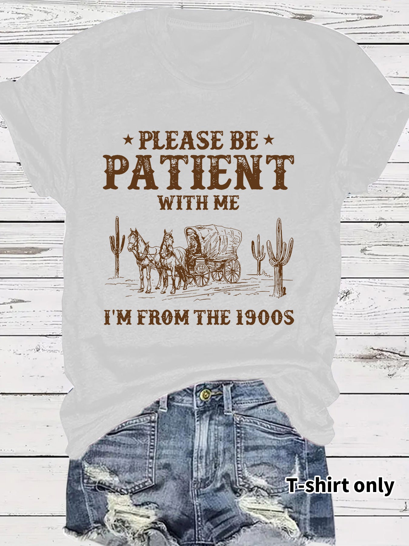 Western Denim Retro Pattern Round Neck Short Sleeve