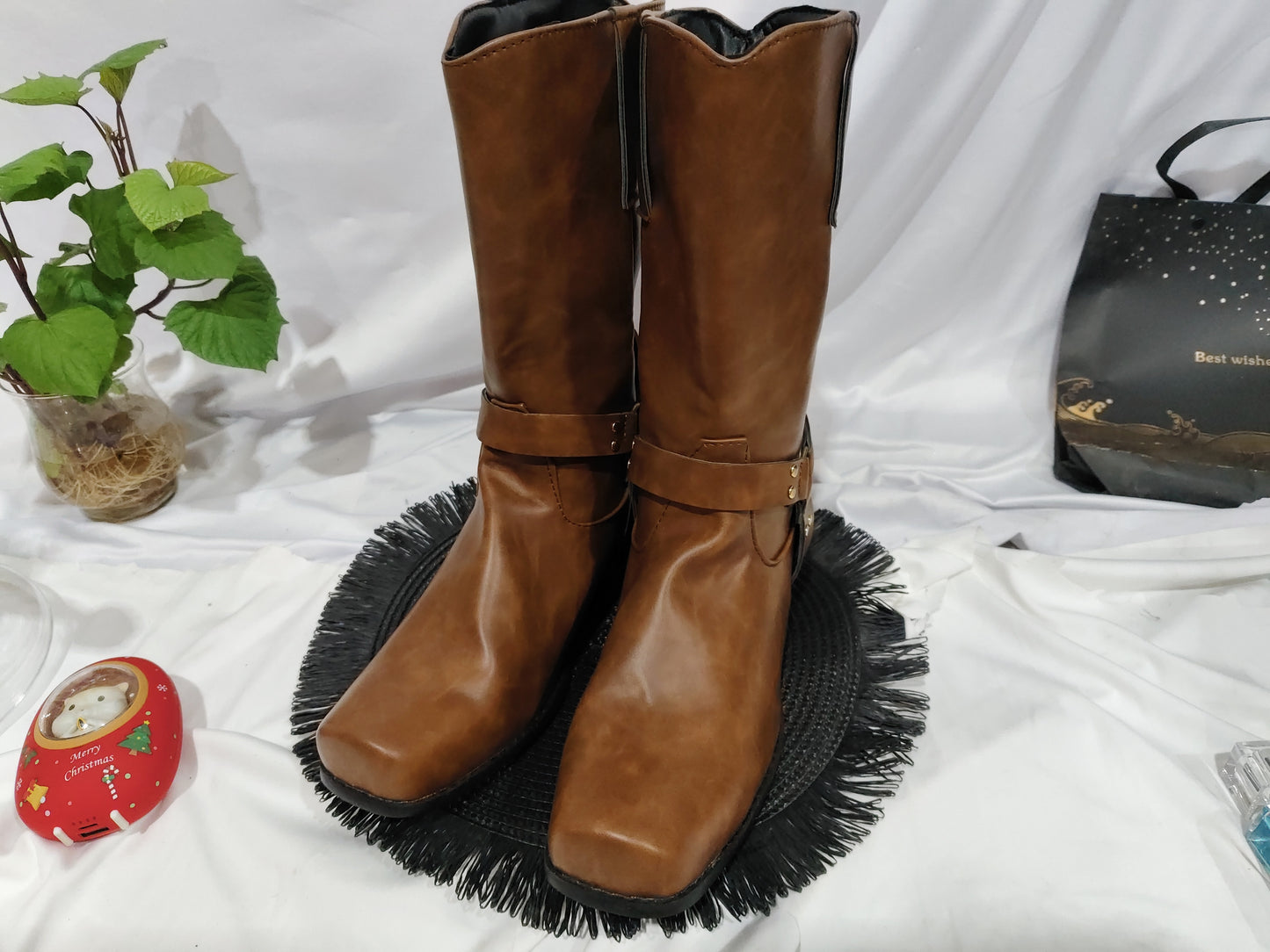 Vintage Men's Cowboy Boots Belt Buckle Ring High Top
