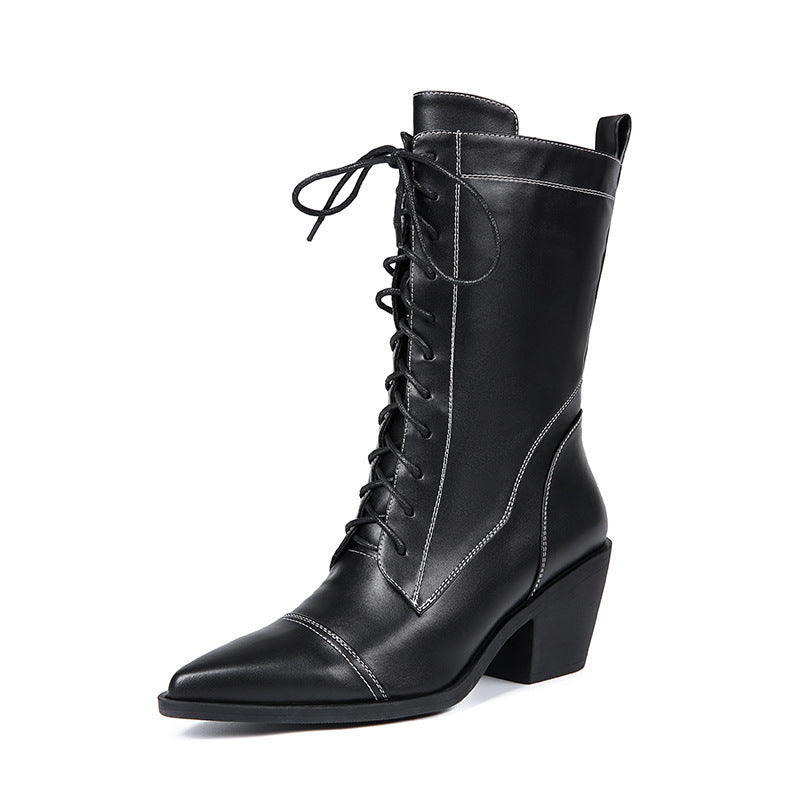 Chunky Heel Waterproof Platform Thick Bottom Fleece-lined High Heel Lace-up Martin Boots