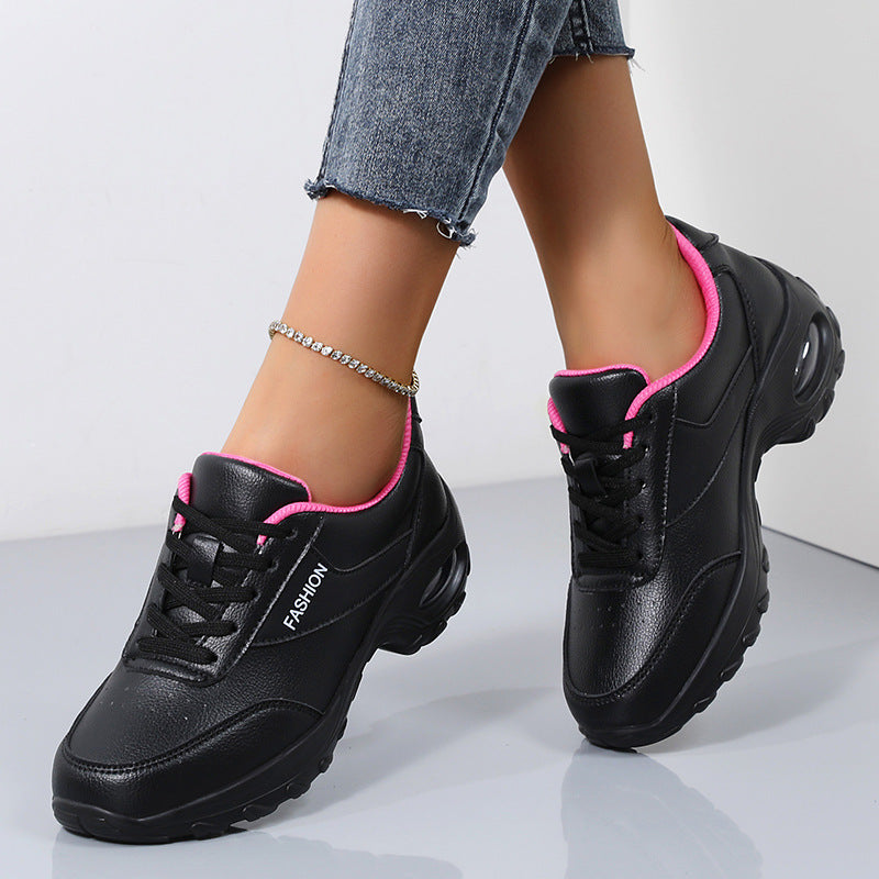 Women's Thick Bottom Spring And Autumn Low Top Leather Surface Plus Size Outdoor Running Shoes