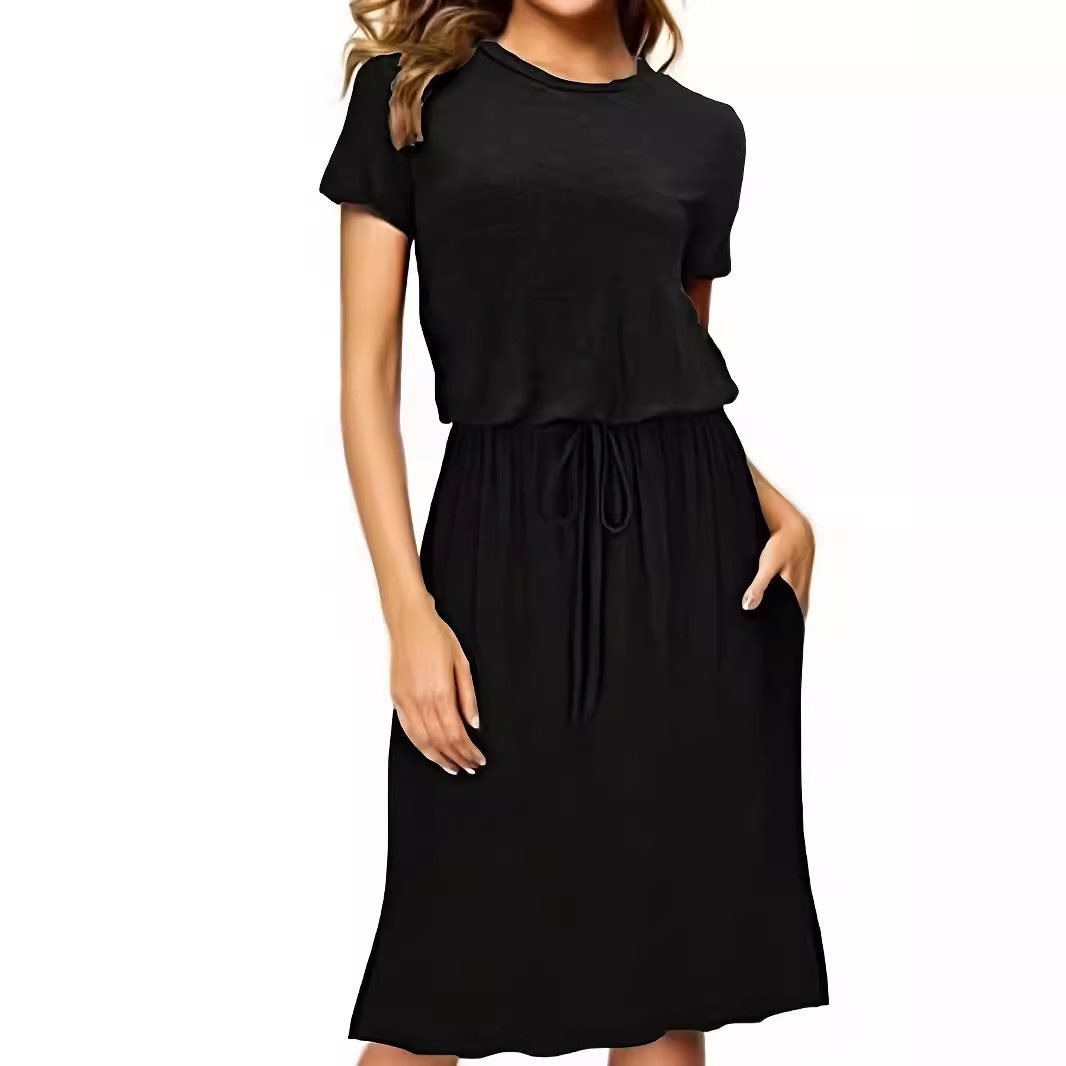 Waist-tight Pure Color Split Irregular Crew Neck Dress