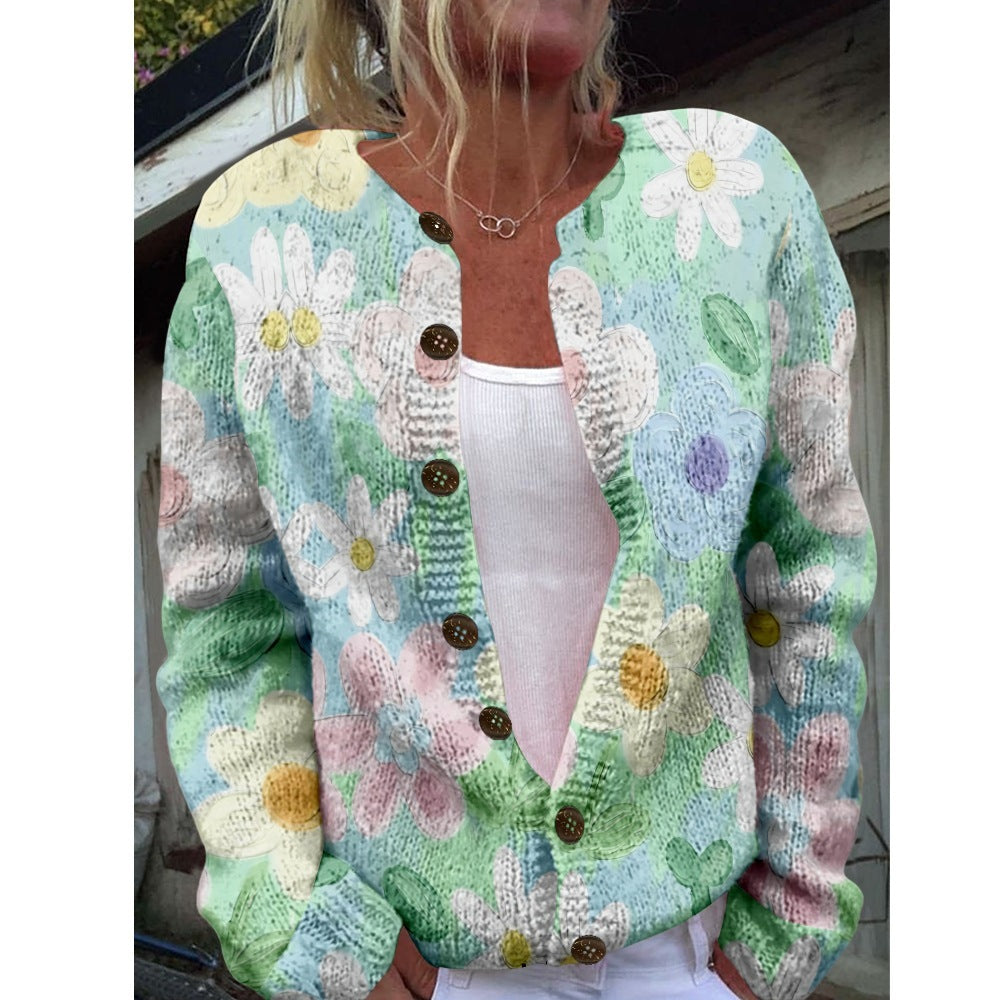 New Women's Autumn And Winter Style Loose 3D Printed Knitted Cardigan Sweater