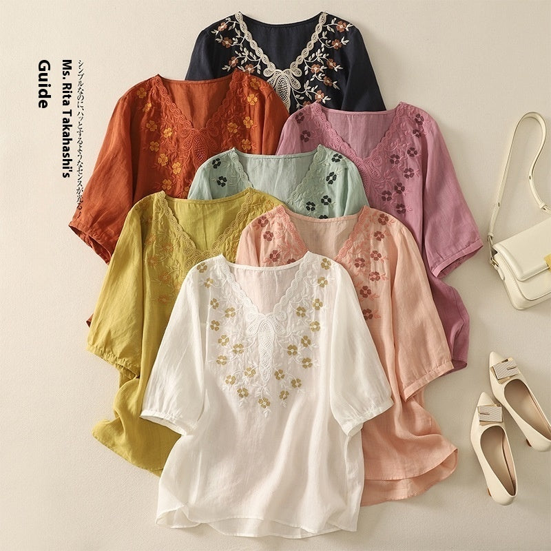 Embroidered Women's Elegant Lace V-neck Half Sleeves Pullover Shirt