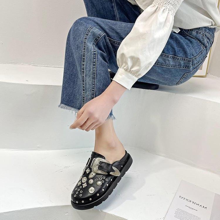 Toe Cap Semi Slipper New British Retro Platform Rivet Flat Shoes