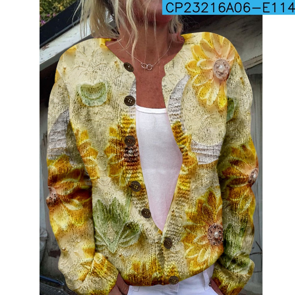 New Women's Autumn And Winter Style Loose 3D Printed Knitted Cardigan Sweater