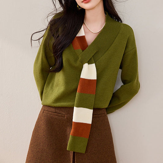 Niche Striped V-neck Sweater Women's Versatile Fake Two Pieces Coat
