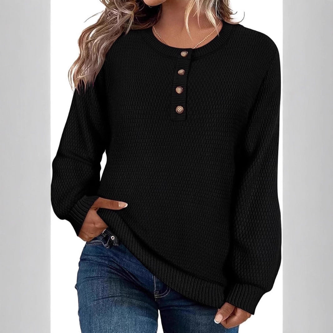 Solid Color Buttons Long Sleeve Round Neck Pullover Sweater Top