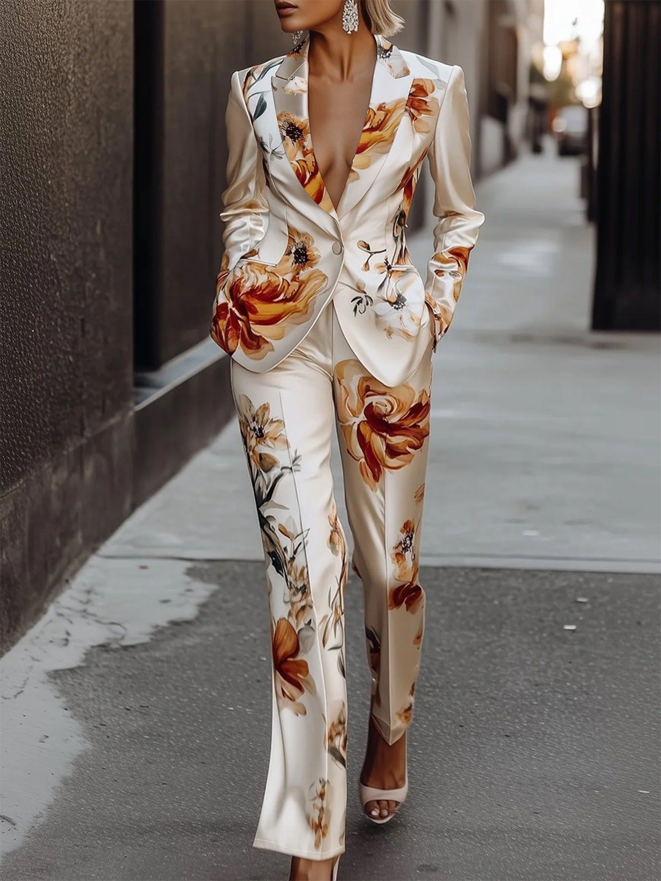 Fashion Printing Satin Long Sleeve Suit Two-piece Set
