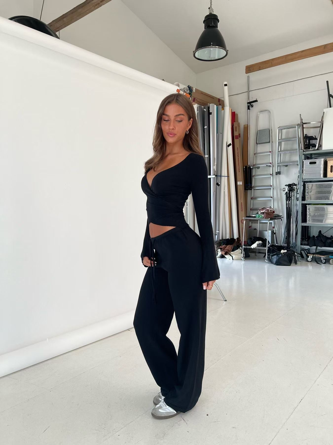 Casual Long-sleeved Knitted Solid Color Commute Trousers Suit