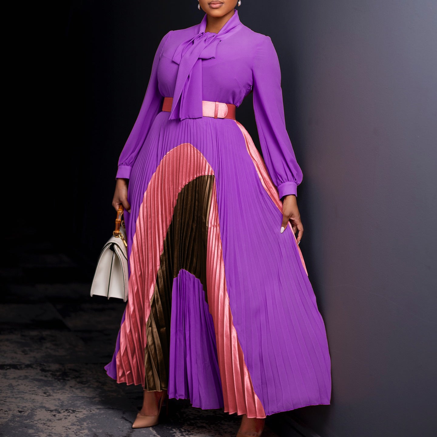 Long Sleeve Color Matching Elegant Dress
