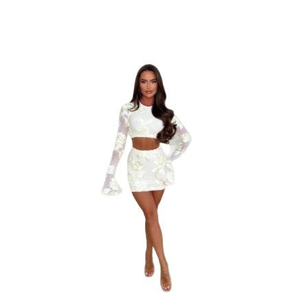 Ladies Embroidered Flower Backless T-shirt Skirt Suit Women