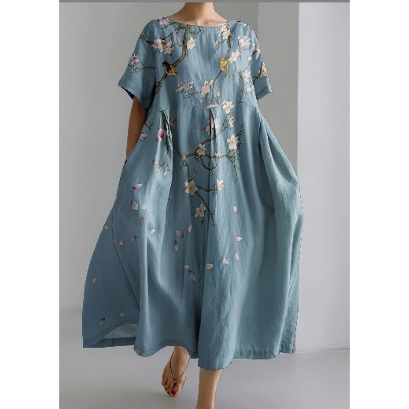 European And American Women's Clothing Loose Round Neck Fashion Advanced Short Sleeve Printed Dress