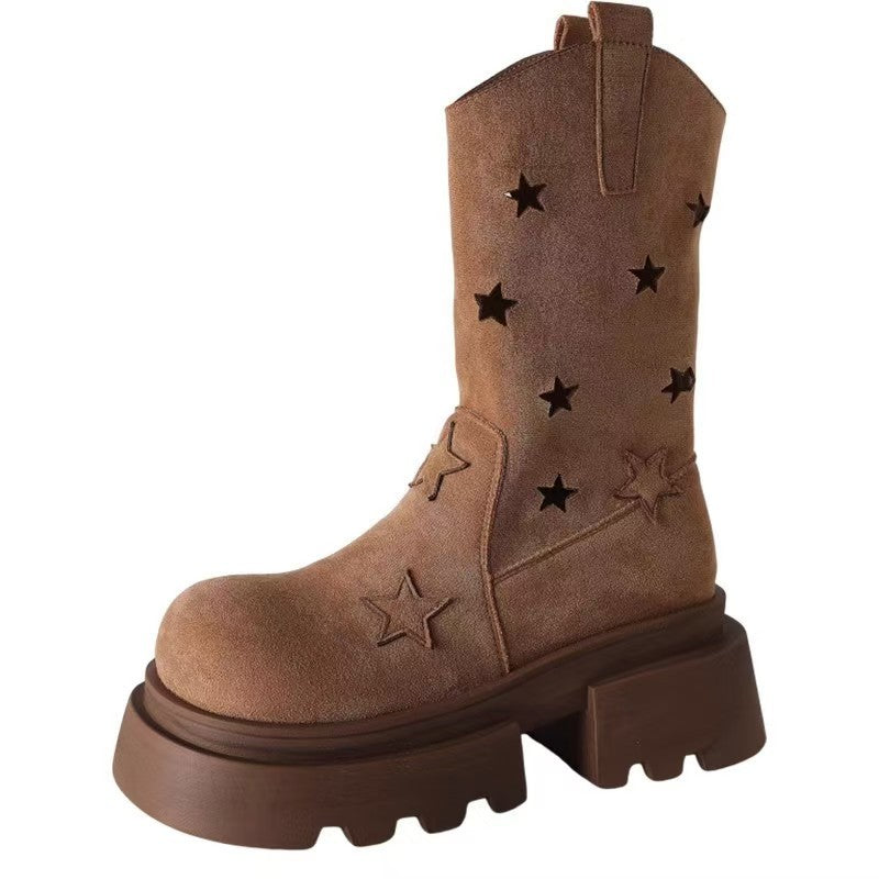 Five-star Hollow-out Platform Western Denim Ankle Boots