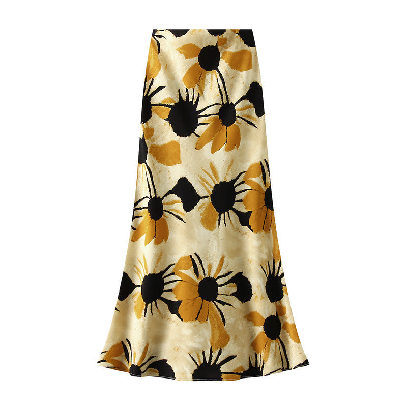 Retro Hong Kong Style Floral Skirt High Waist Slimming Temperament