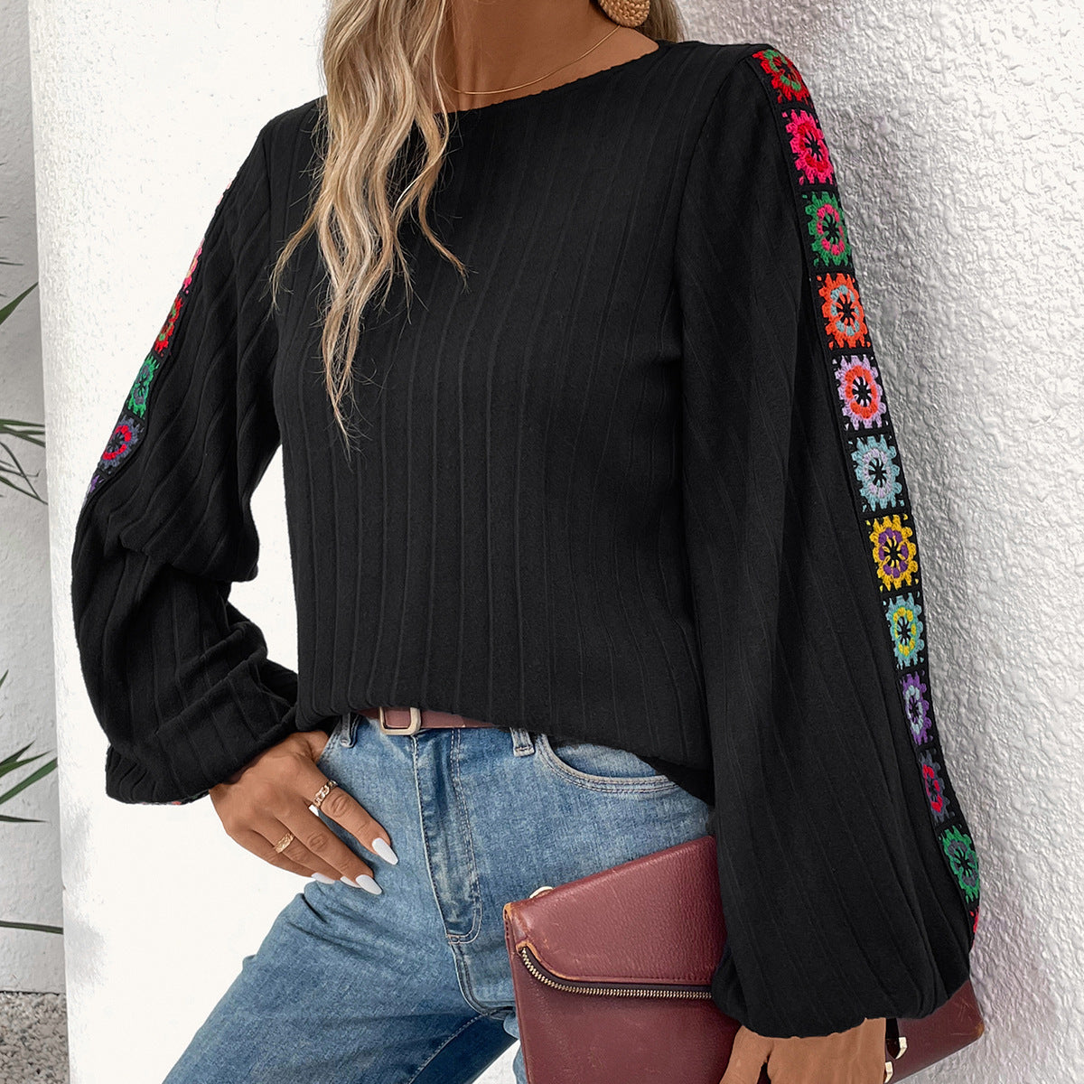 Women's Solid Color Crocheted Lace Stitching Sunken Stripe Knitted Top