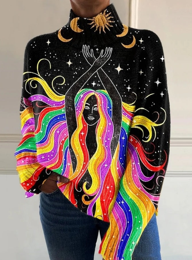 3D Color Matching Pattern Floral Print Long Sleeve Pullover