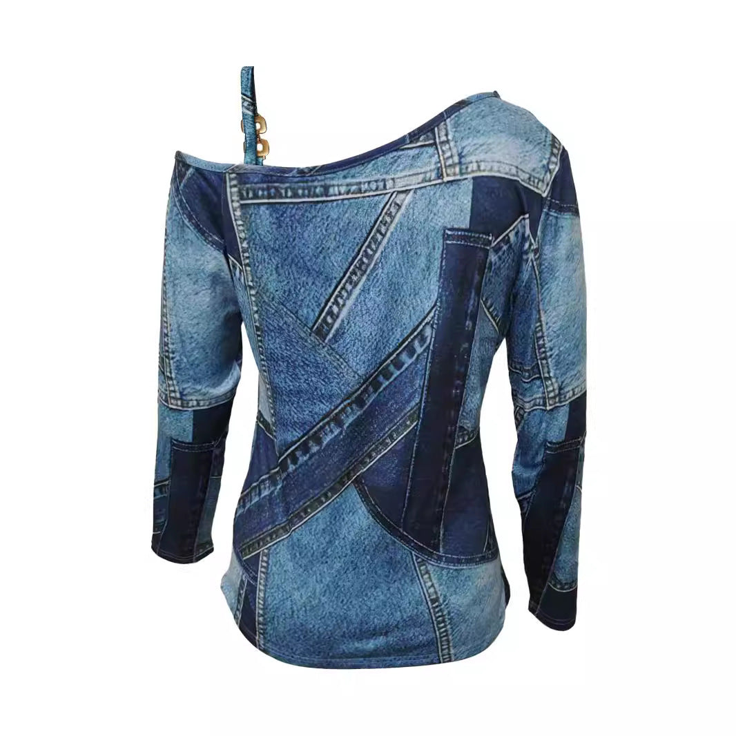 Fashion Casual Printing Strapless Sloping Shoulder Long Sleeve