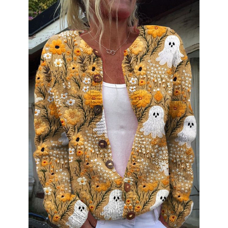 Halloween 3D Digital Printing Comfortable Cardigan Coat For Women