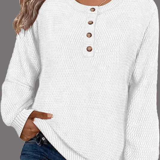 Solid Color Buttons Long Sleeve Round Neck Pullover Sweater Top